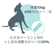 10kg BWt 450キロカロリー/日。ベーコン小1枚＝1日のカロリー10％。