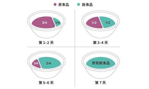 从一种狗粮转换到另一种狗粮的四步指南。第1天和第2天,3/4旧食物,1/4新食物。第3天和第4天,旧食物和新食物各占一半。第5天和第6天,1/4旧食物,3/4新食物。第7天,100%新食物。