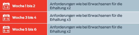 Woche 1 bis 2: Bedarf eines Erwachsenen für den Unterhalt x2. 3. bis 4. Woche: Bedarf eines Erwachsenen für den Unterhalt x3. 5. bis 6. Woche: Bedarf eines Erwachsenen für den Unterhalt x2.