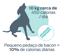 10 kg de peso corporal 450 calorias/dia. Pequeno pedaço de bacon = 10% de calorias diárias.